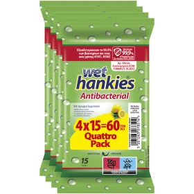 Wet Hankies Υγρά Αντιβακτηριδιακά Μαντηλάκια με Άρωμα Λεμόνι 4x15τμχ