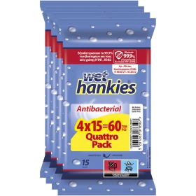 Wet Hankies Υγρά Αντιβακτηριδιακά Μαντηλάκια 4x15τμχ