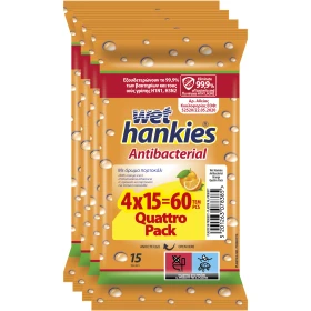Wet Hankies Υγρά Αντιβακτηριδιακά Μαντηλάκια με Άρωμα Πορτοκάλι 4x15τμχ