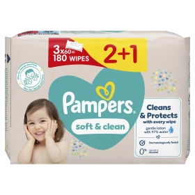 Pampers Wipes Soft&Clean Υγρά Μωρομάντηλα  3x60τμx 2+1Δώρο
