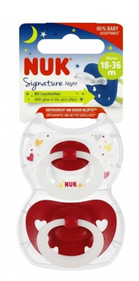 NUK Πιπίλα Σιλικόνης Signature Night Κόκκινo-Λευκό 18-36m 2τμχ