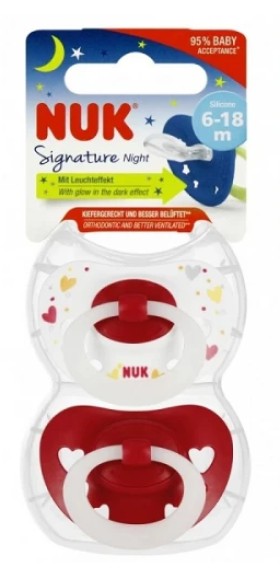 NUK Πιπίλα Σιλικόνης Signature Night Κόκκινo-Λευκό 6-18m 2τμχ