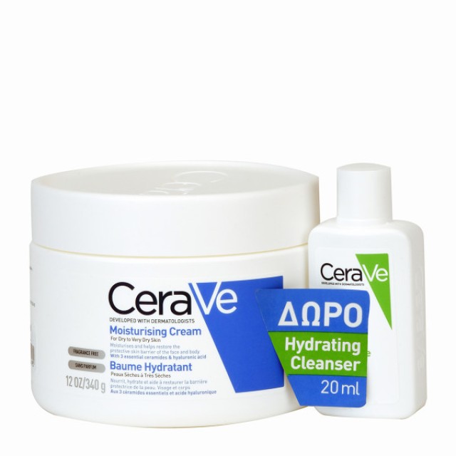 Cerave Moisturising Cream Ενυδατική Κρέμα για Πρόσωπο και Σώμα 340gr + Δώρο Ενυδατικό Καθαριστικό Hydrating Cleanser 20ml