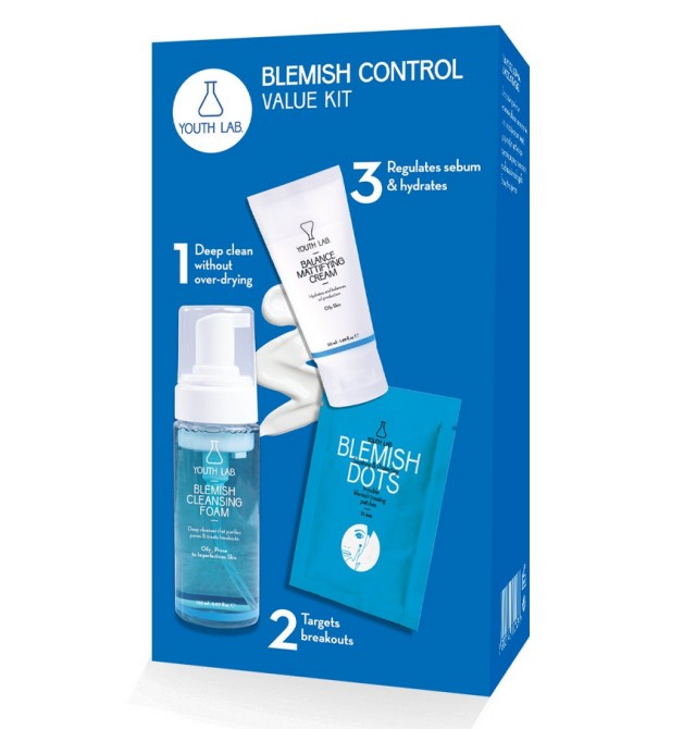 Youth Lab Blemish Control Value Kit Blemish Cleansing Foam 150ml + Blemish Dots 32 pieces + Balance Mattifying Cream 50ml