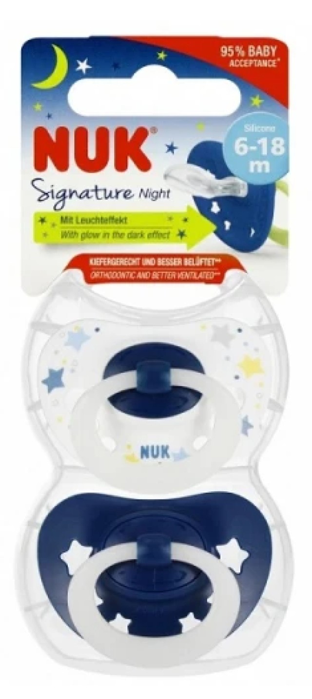 NUK Πιπίλα Σιλικόνης Signature Night Μπλέ-Λευκό 6-18m 2τμχ