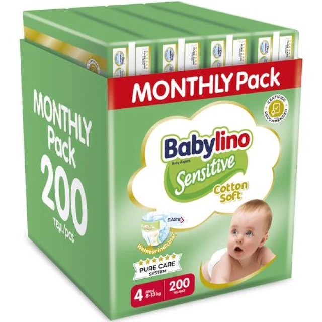 Babylino Sensitive Cotton Soft Πάνες Monthly Pack No4 8-13kg 200τμχ