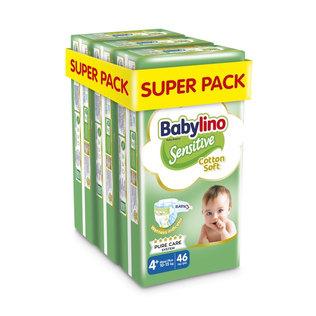Babylino Sensitive Cotton Soft Πάνες Economy No4+ 10-15kg SUPER PACK 138τμχ 3X46