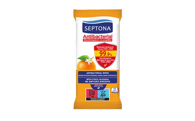 Septona Antibacterial Μαντηλάκια Πορτοκάλι 15τμχ