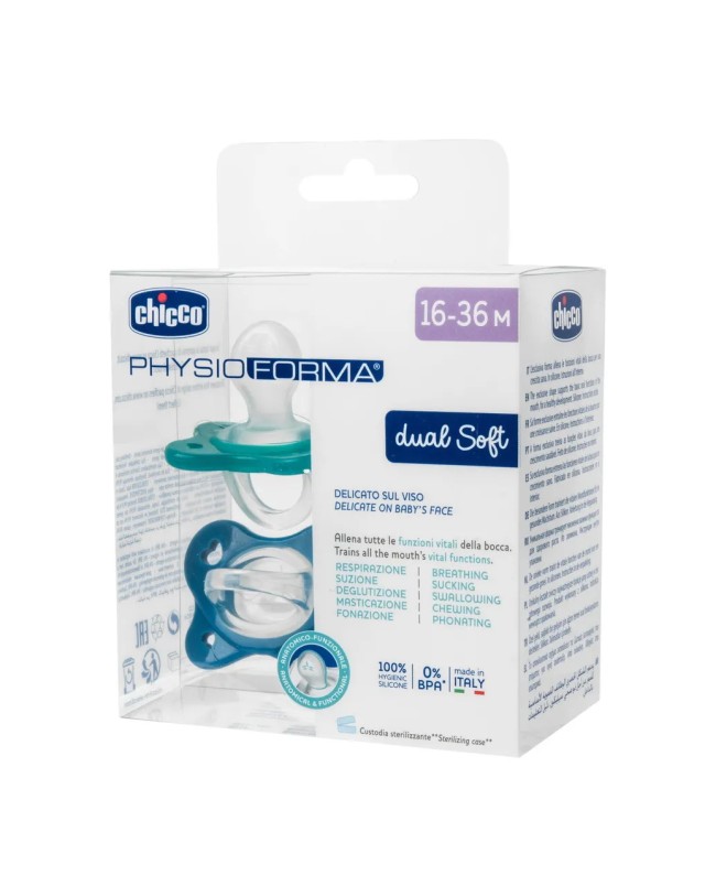 Chicco Physio Forma Dual Soft Πιπίλα Σιλικόνης 16-36m Μπλε-Πράσινο