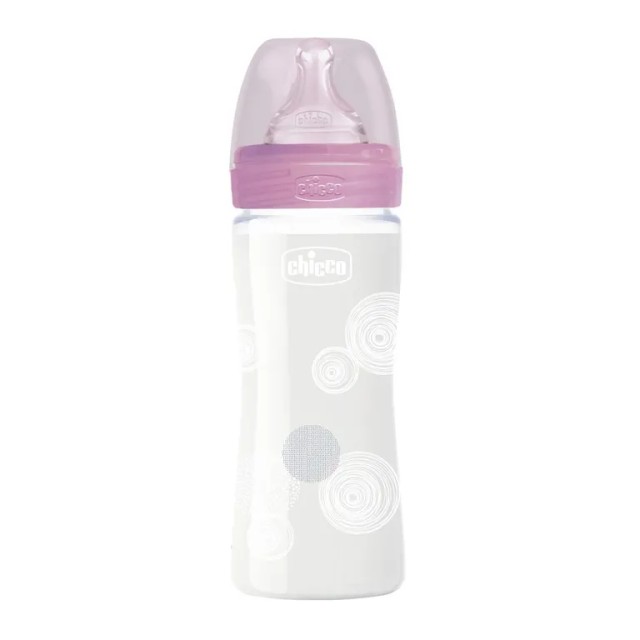 Chicco Well Being Μπιμπερό Γυάλινο  0m+ 240ml Ροζ-Λευκό