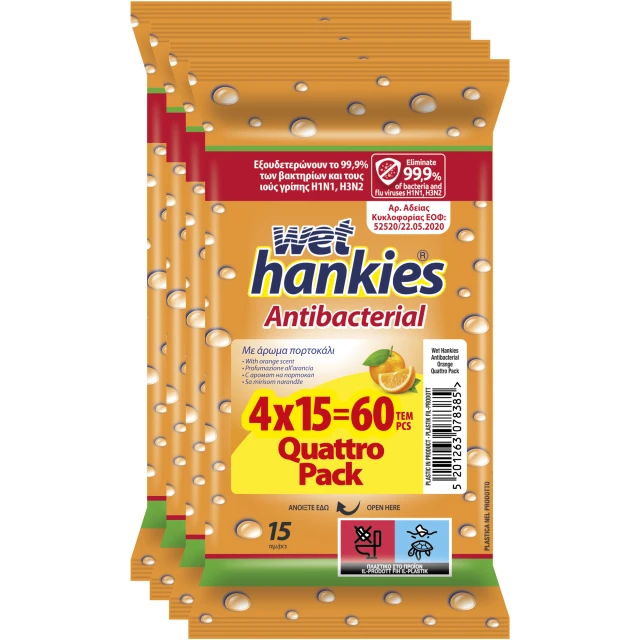 Wet Hankies Υγρά Αντιβακτηριδιακά Μαντηλάκια με Άρωμα Πορτοκάλι 4x15τμχ