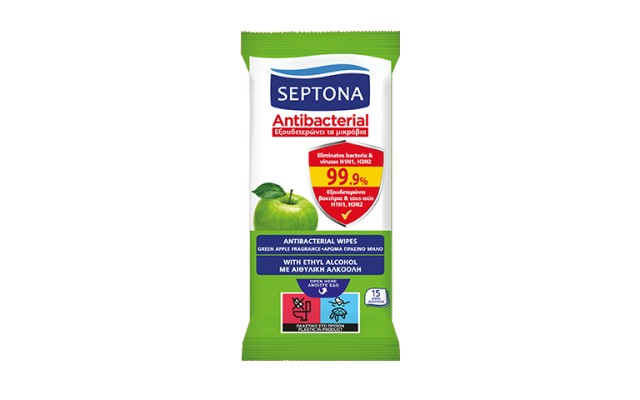 Septona Antibacterial Μαντηλάκια Πράσινο Μήλο 15τμχ