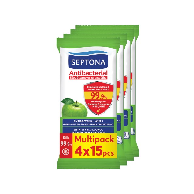 Septona Antibacterial Μαντηλάκια Πράσινο Μήλο 4x15τμχ