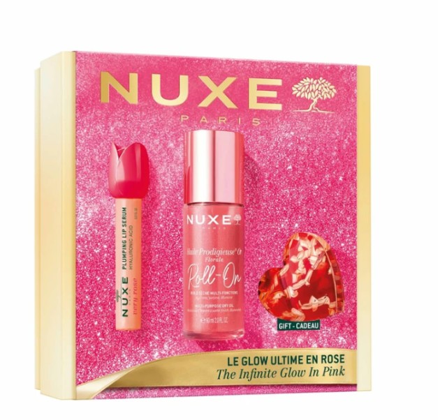 Nuxe The Infinite Glow in Pink Prodigieuse Or Florale Roll On 60ml & Very Rose Lip Plumping Serum Pink Hair Clip Promo Pack