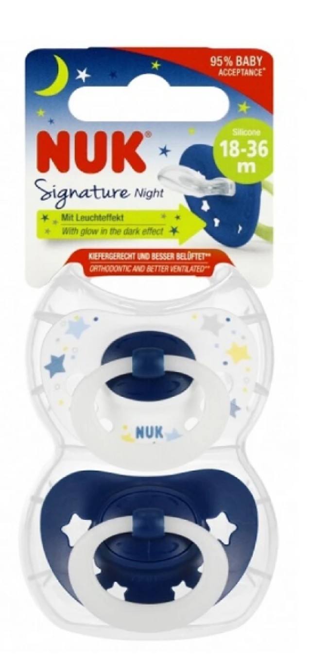 NUK Πιπίλα Σιλικόνης Signature Night Μπλε-Λευκό 18-36m 2τμχ