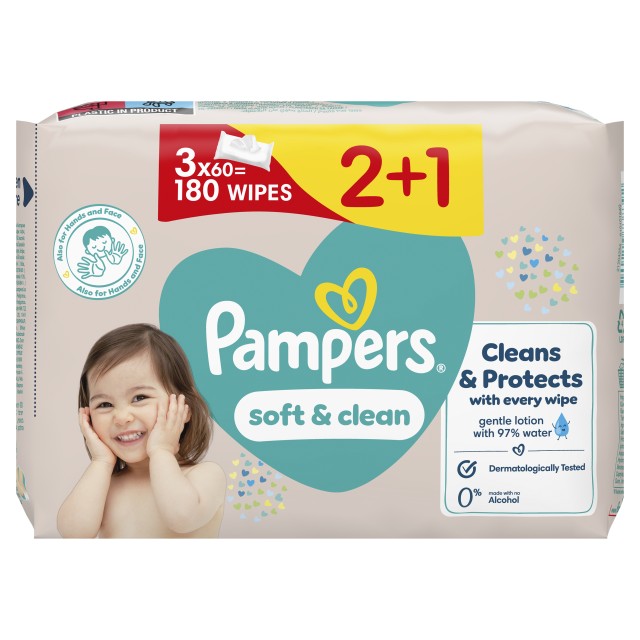 Pampers Wipes Soft&Clean Υγρά Μωρομάντηλα  3x60τμx 2+1Δώρο