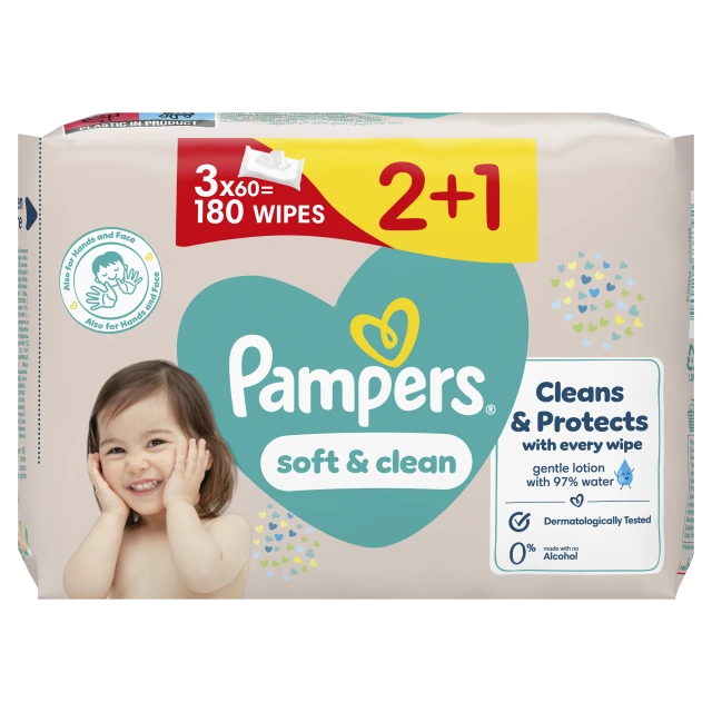 Pampers Wipes Soft&Clean Υγρά Μωρομάντηλα  3x60τμx 2+1Δώρο