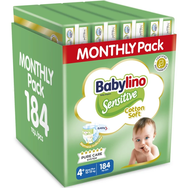 Babylino Sensitive Cotton Soft Πάνες Monthly Pack No4+ 10-15kg 184τμχ