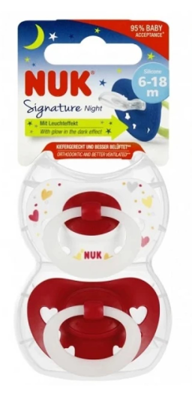 NUK Πιπίλα Σιλικόνης Signature Night Κόκκινo-Λευκό 6-18m 2τμχ